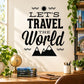 Travel world wall decal with “LET’S TRAVEL THE WORLD” text and mountain icons