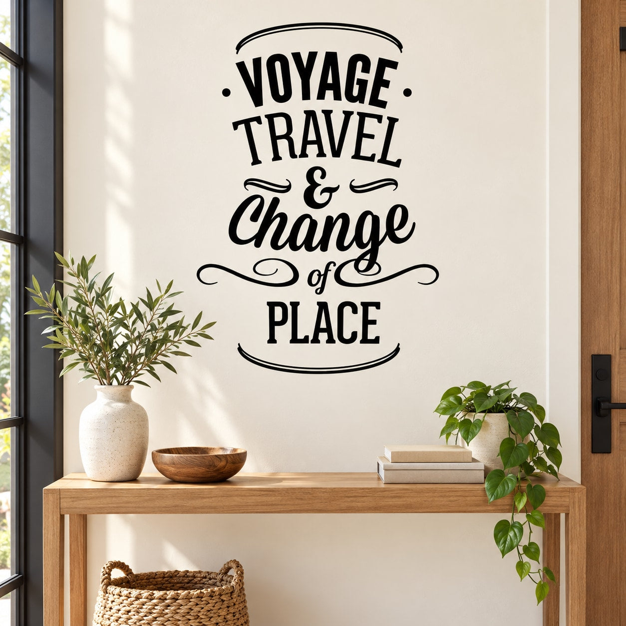 Black typography wall decal with "VOYAGE TRAVEL & Change of PLACE" lettering