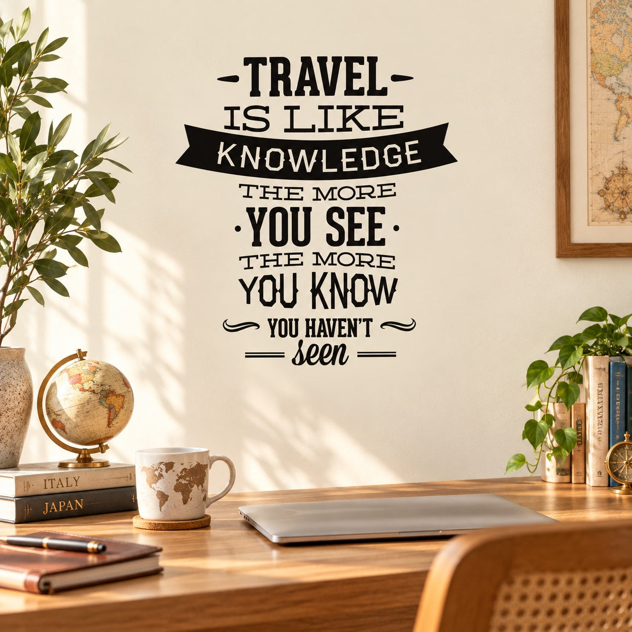 Travel-themed wall decal with quote in bold black lettering on light background