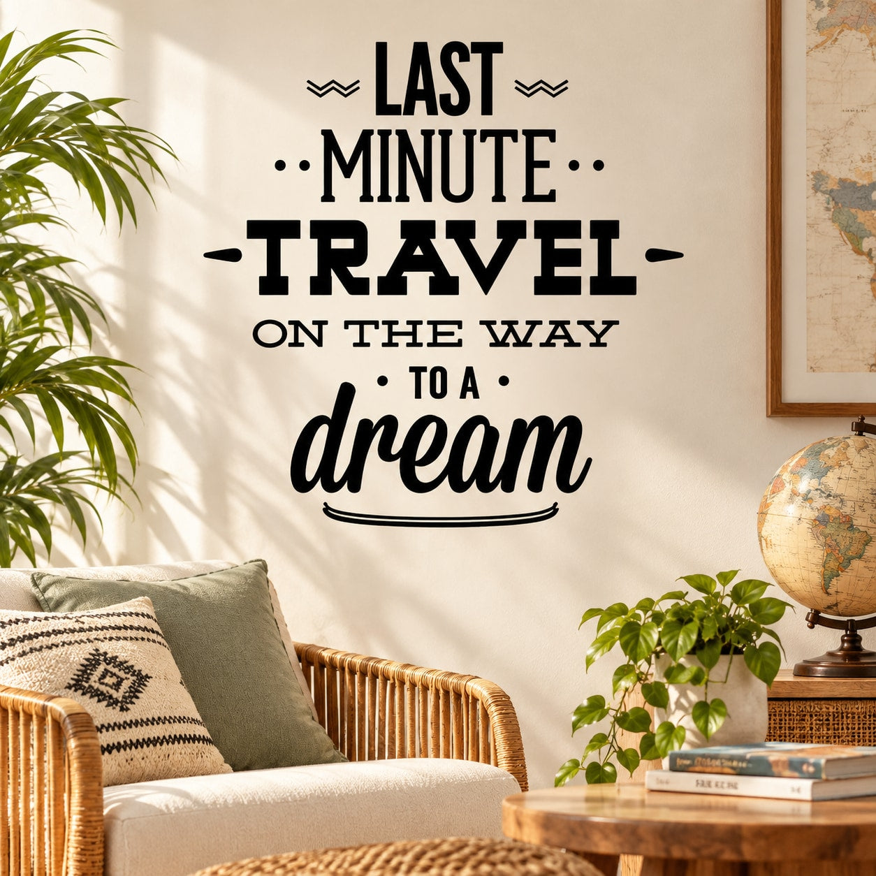 Inspirational wall decal with typography text: Last Minute Travel on the way to a dream