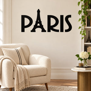 Wall decal with large black PARIS lettering and Eiffel Tower icon