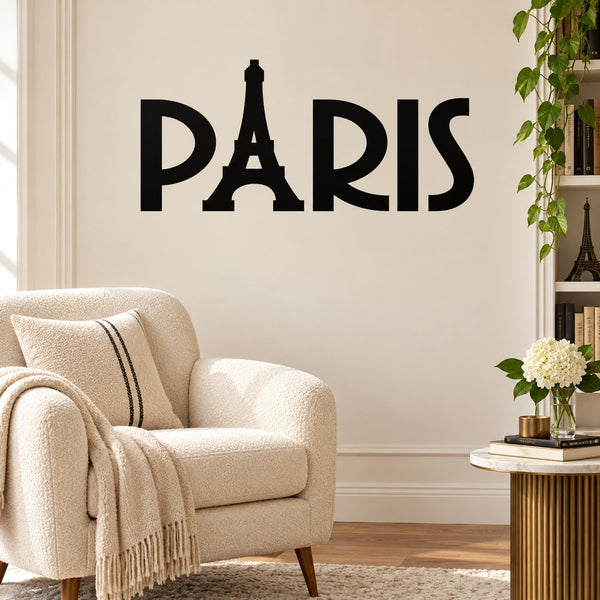 Wall decal with large black PARIS lettering and Eiffel Tower icon