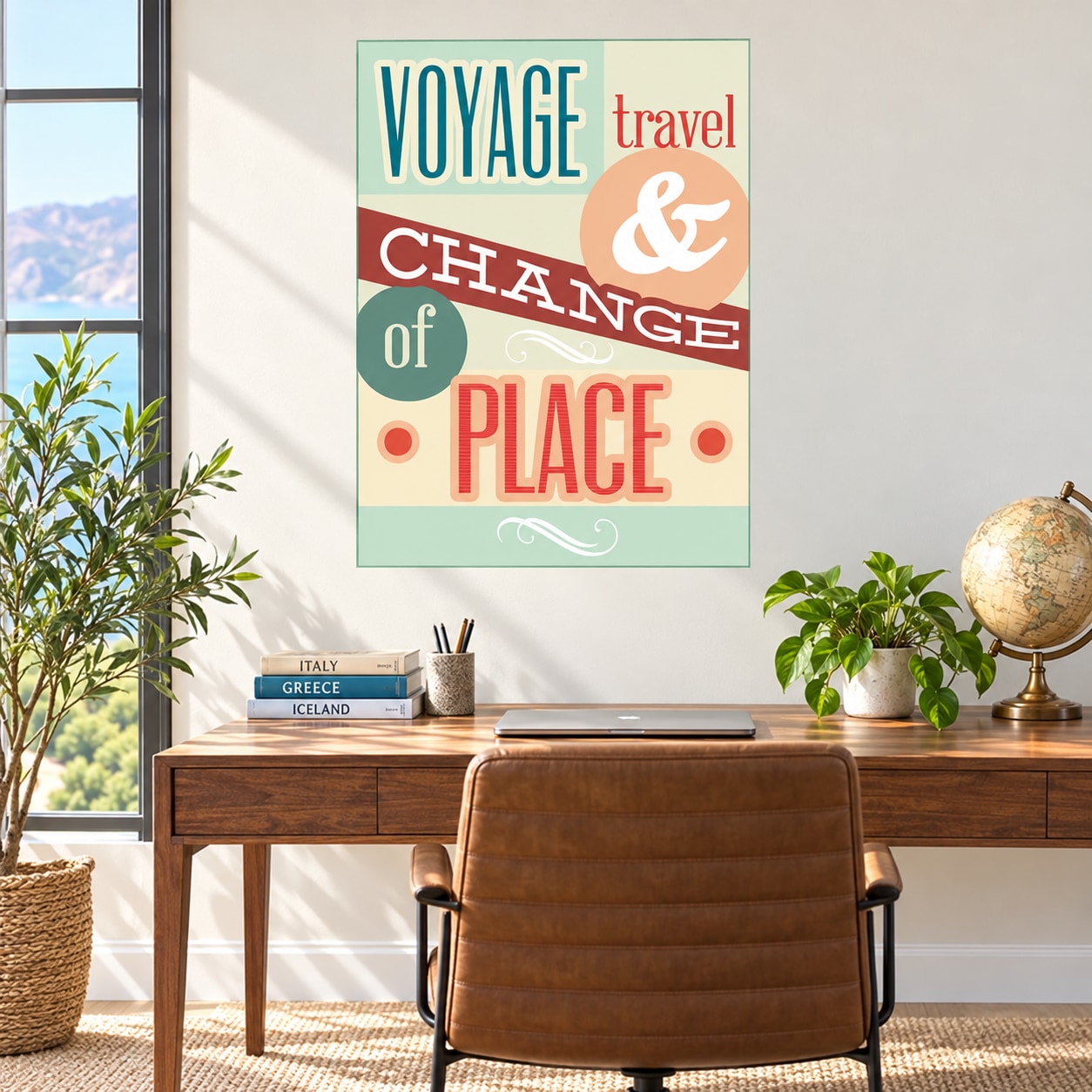Square travel-themed sticker with colorful text: VOYAGE travel & CHANGE of PLACE.