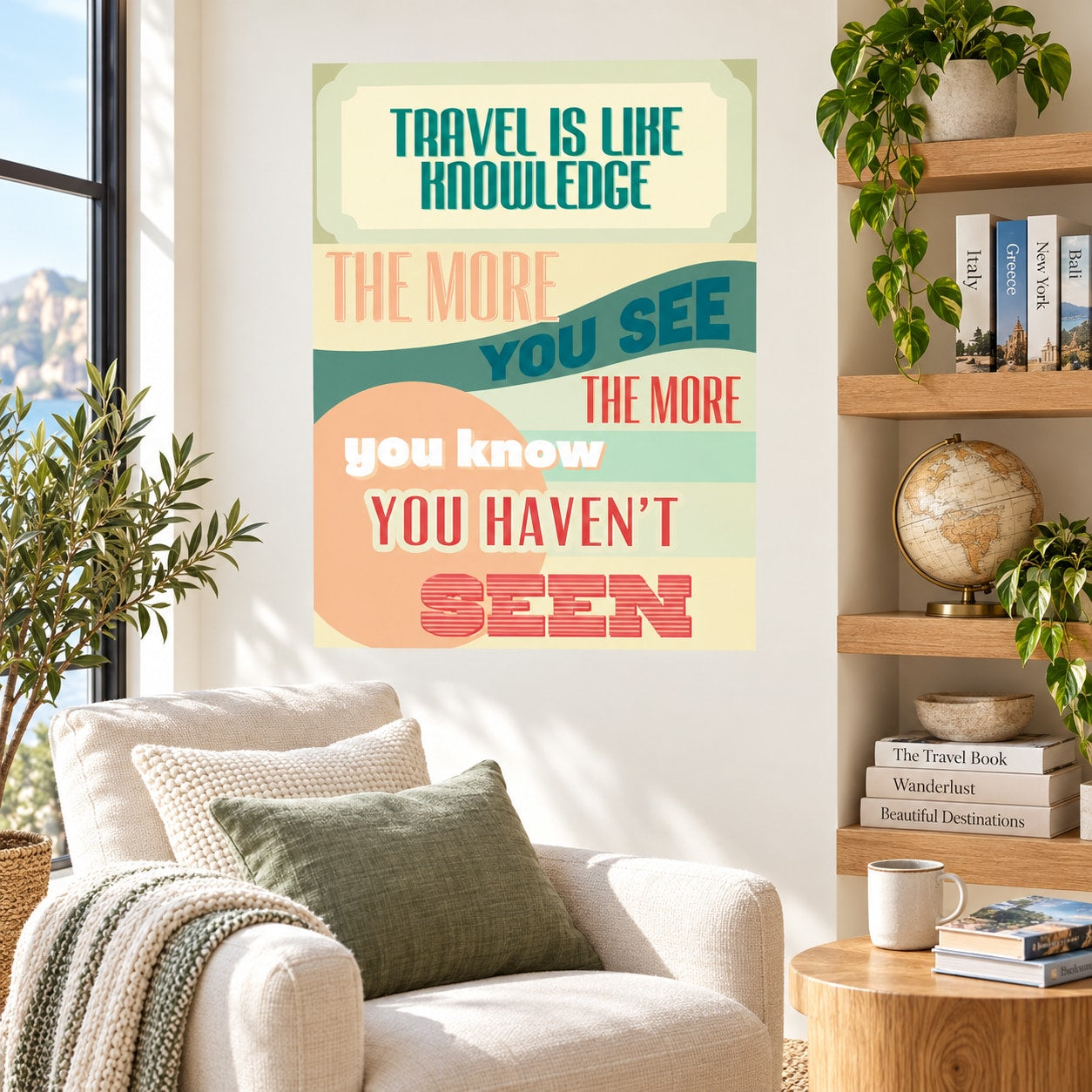 Rectangular travel quote sticker with teal, orange, and cream typographic design