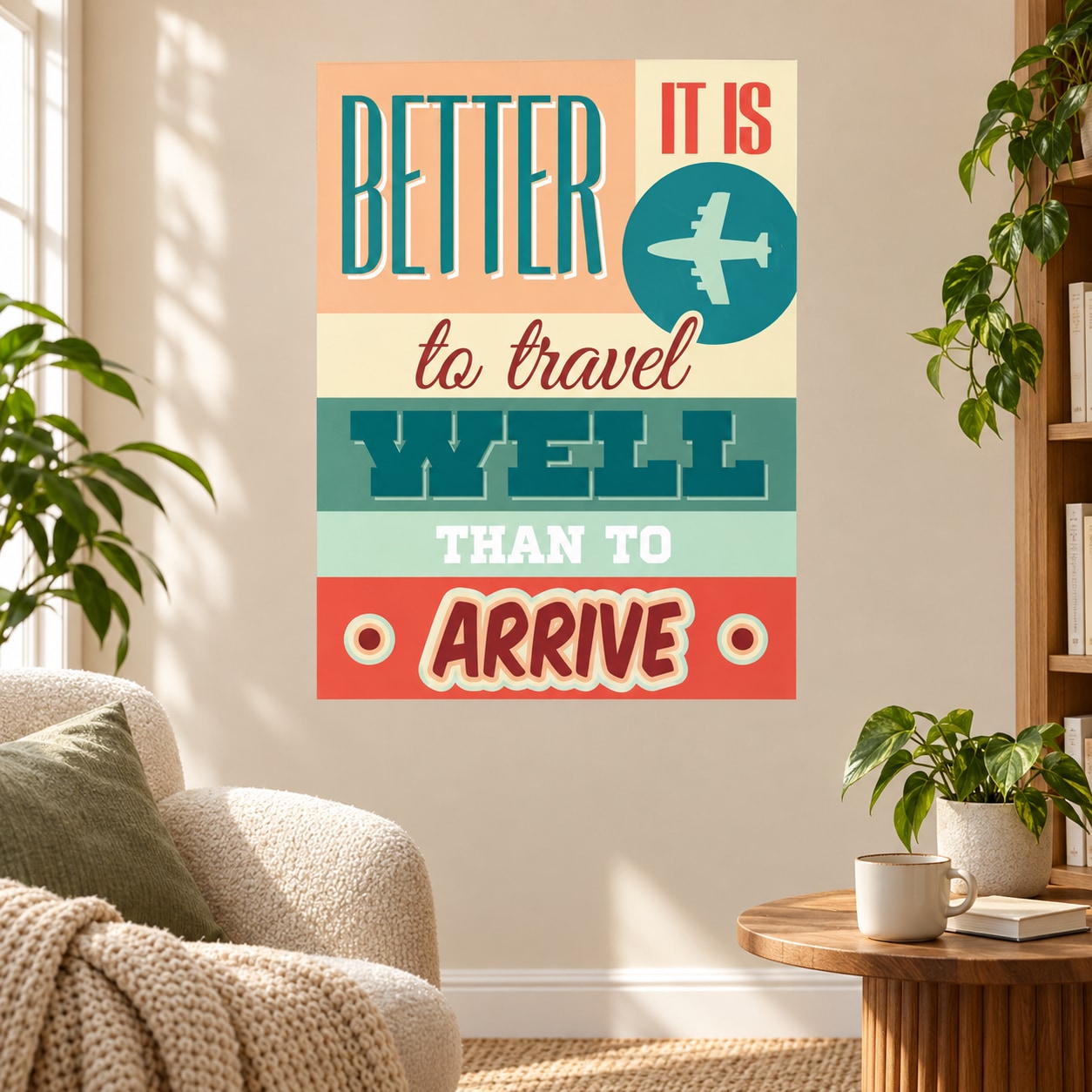 Travel quote wall sticker with plane icon and text: Better to travel than to arrive.