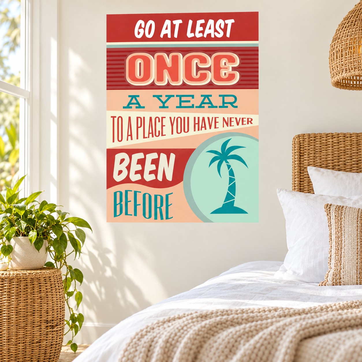 Rectangular travel quote sticker with red text and a teal palm graphic