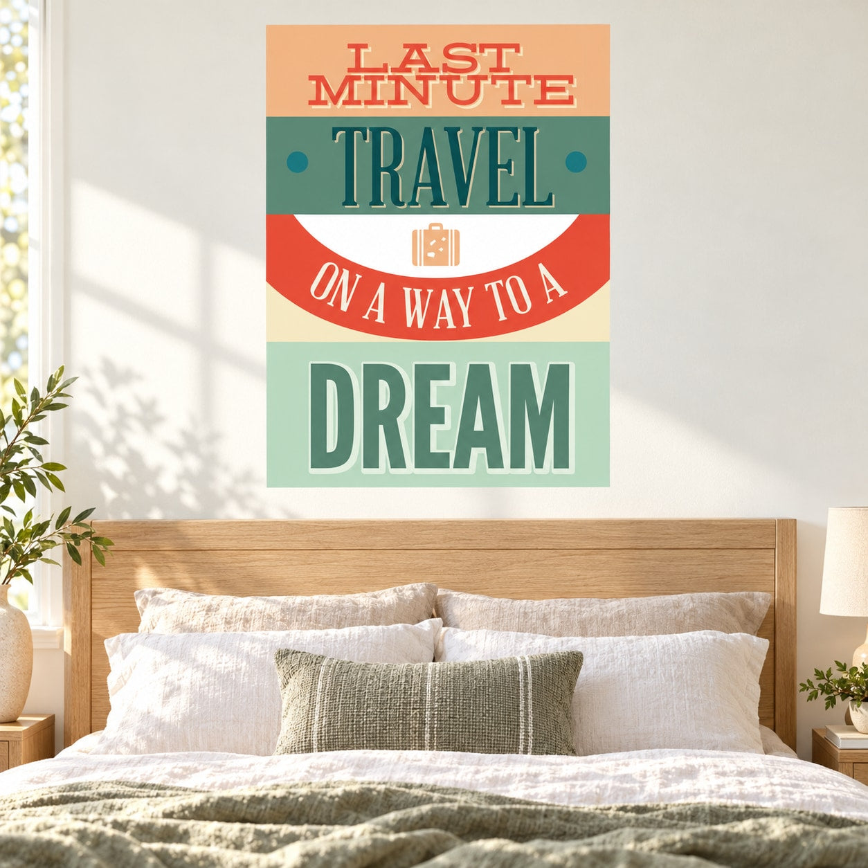 Travel quote sticker with layered lettering: “Last Minute Travel” and “a way to a dream”