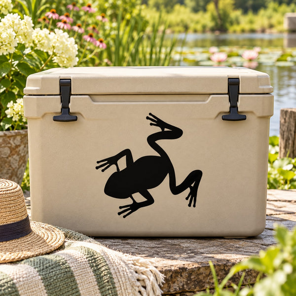 Frog silhouette decal, bold black frog graphic on a cooler lid sticker