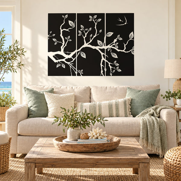 Cherry blossom branch wall decal with white blossoms on black panel set