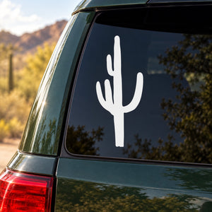 Saguaro cactus decal with a white cactus silhouette on a car window