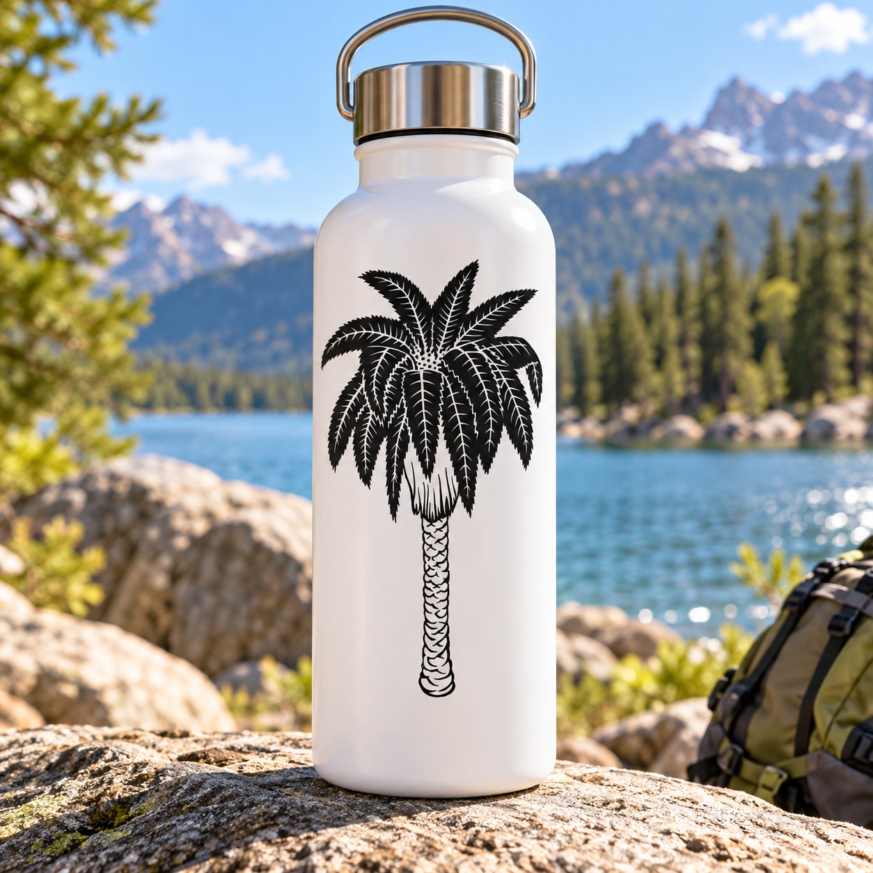White water bottle with black date palm tree decal and tree trunk graphic