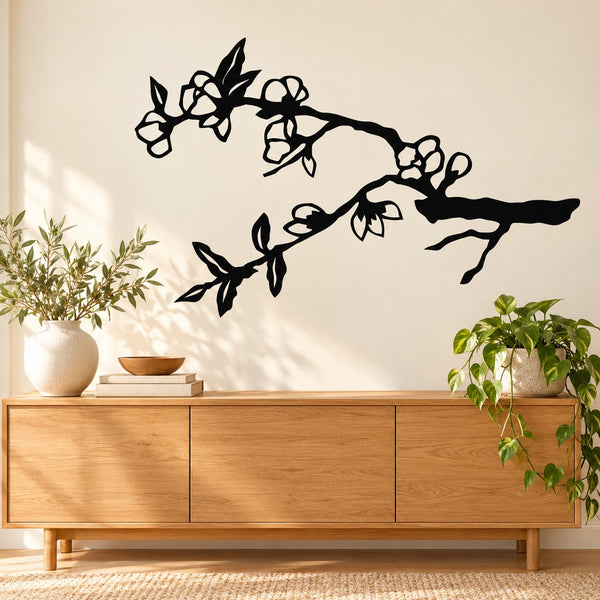 Black cherry blossom tree wall decal with branching floral blossoms