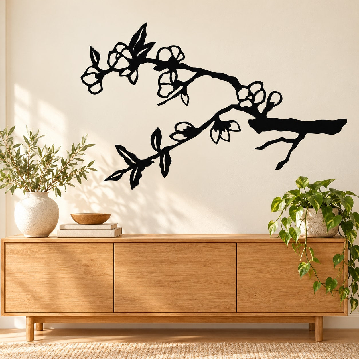 Black cherry blossom tree wall decal with branching floral blossoms