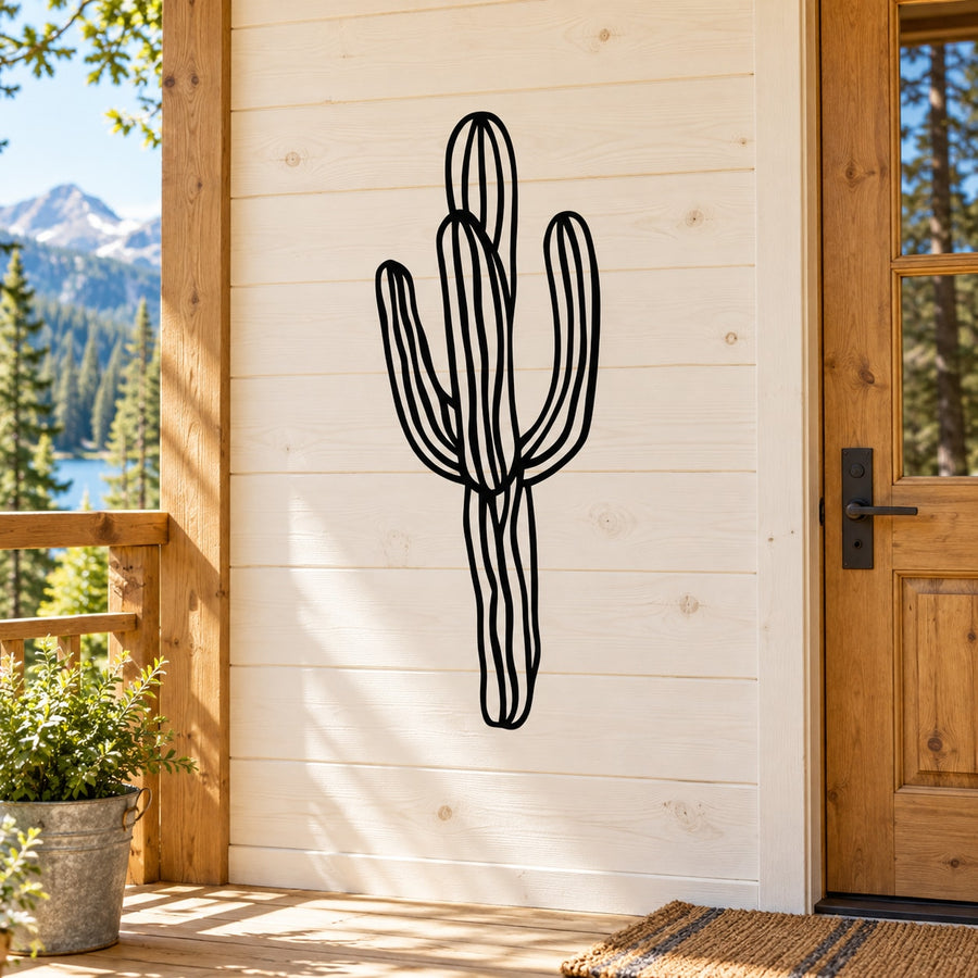 Black cactus tree wall decal with line-art design and multiple arms