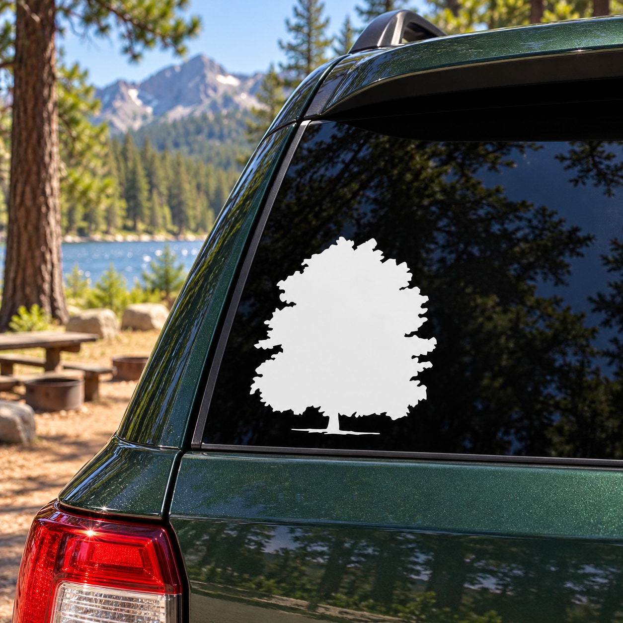 White tree silhouette vinyl decal for car window or wall, outdoors style