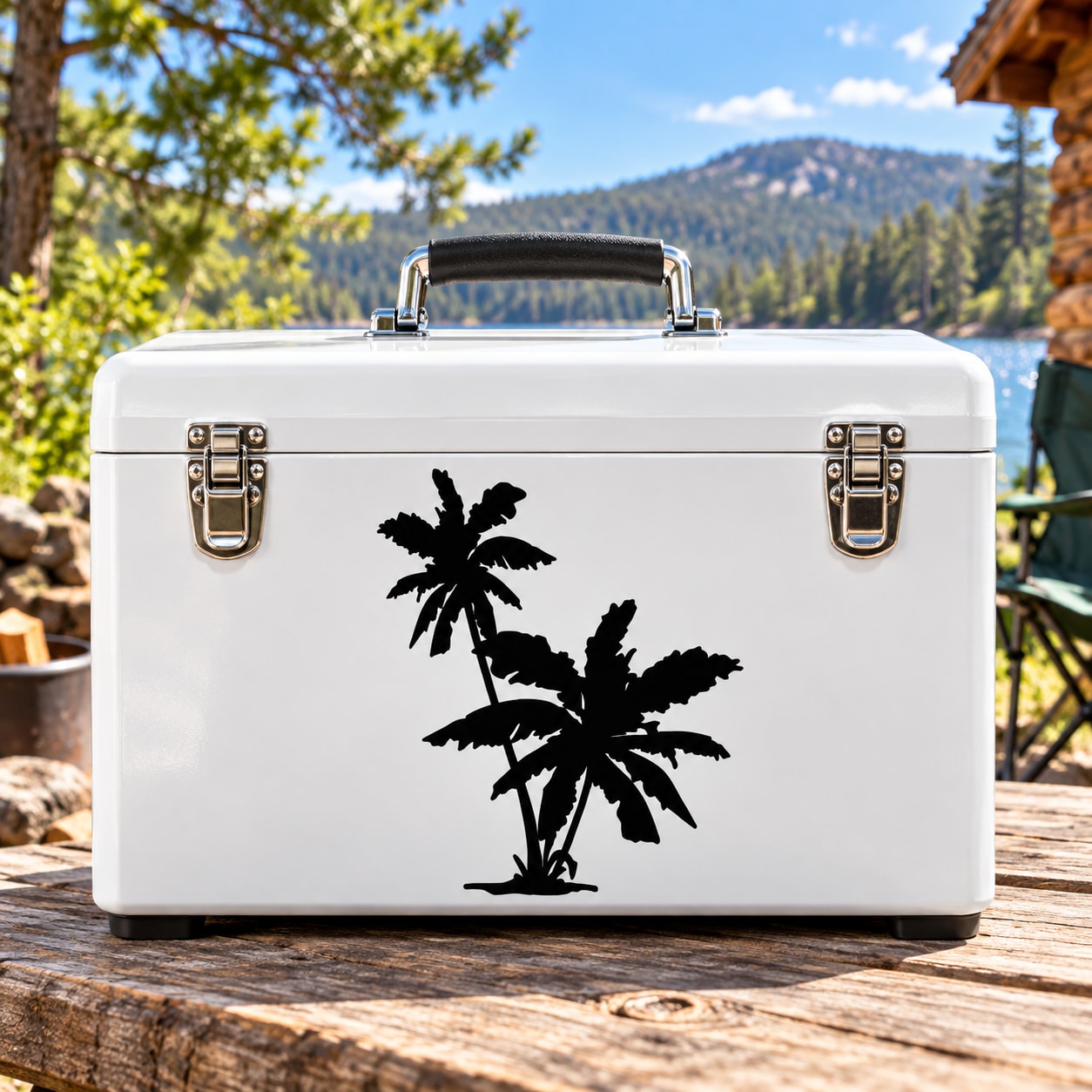 Black palm tree silhouette vinyl decal with trunk and layered leaves
