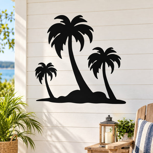 Black three-palm vinyl wall decal with large central palm silhouette and two smaller