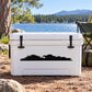 Vinyl bushes decal with black bush silhouette on a white cooler lid