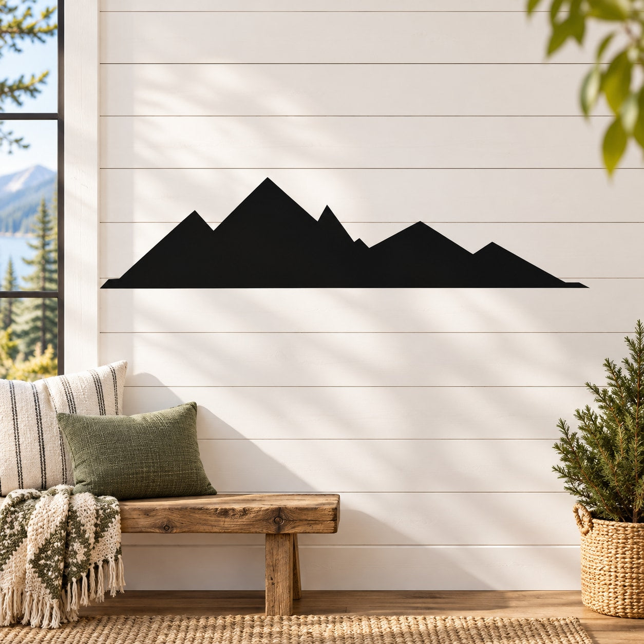 Black mountain range wall decal with layered peaks silhouette