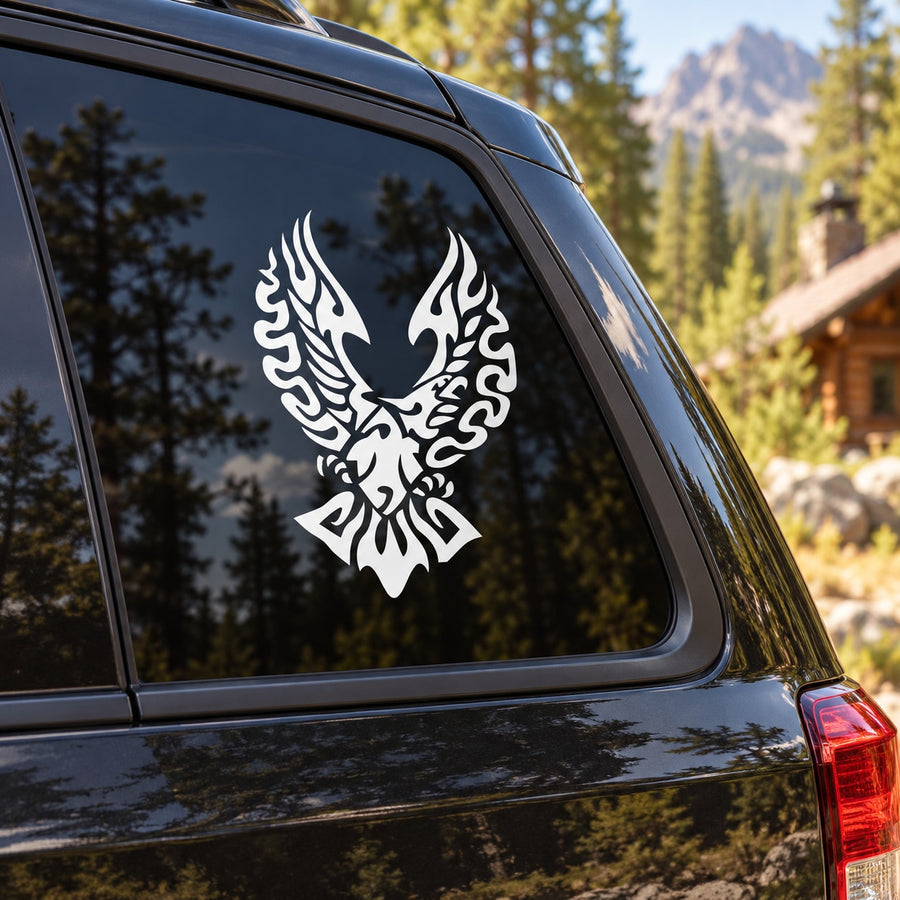 White tribal eagle vinyl decal on car window glass