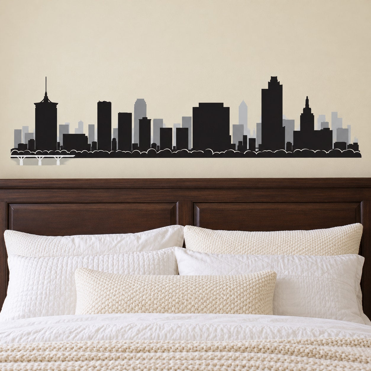 Tulsa city skyline wall decal, black and gray buildings with small cloud border