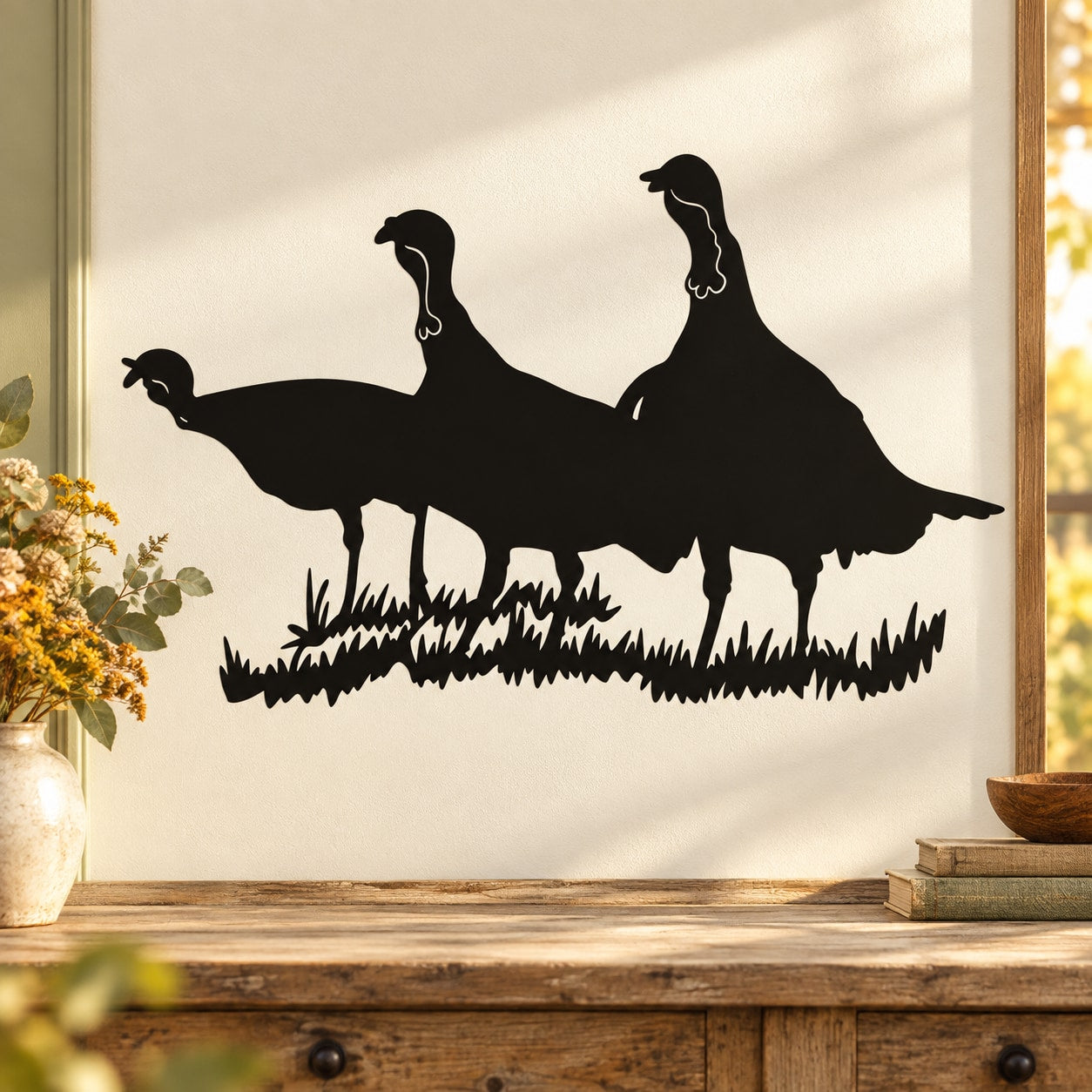 Three turkey hens standing wall decal, black silhouette with grass base
