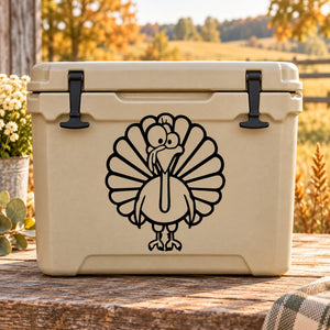 Cartoon turkey decal sticker on light beige cooler with black outline