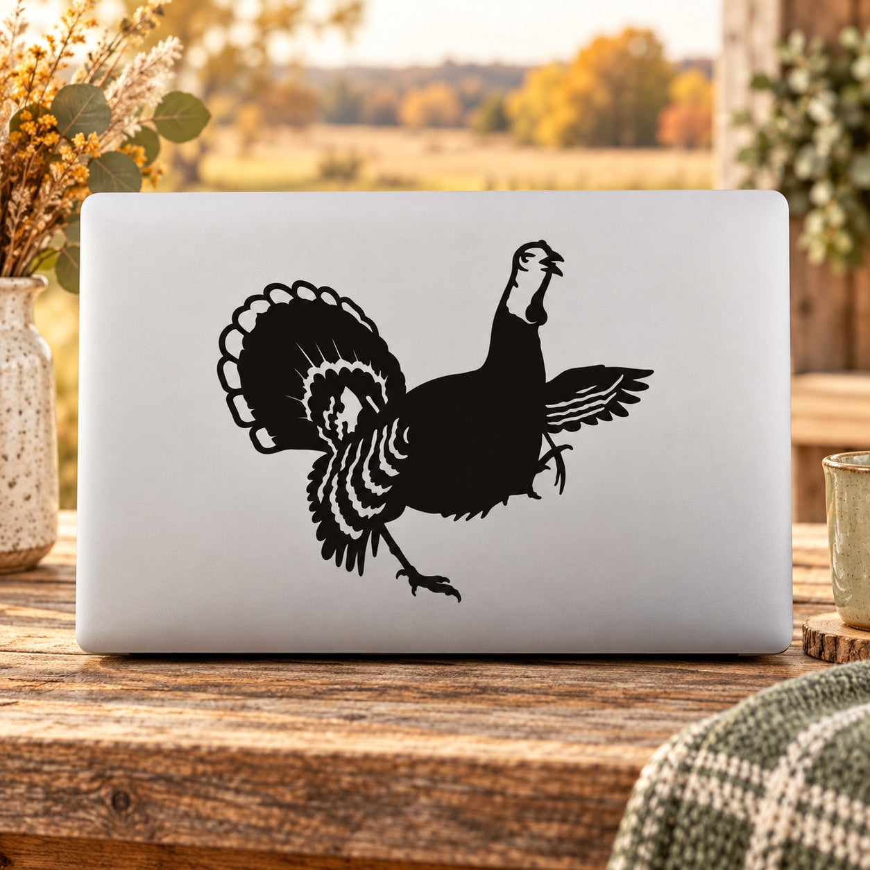 Black hopping turkey hen silhouette decal on white backing