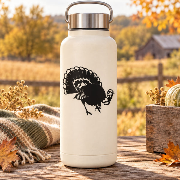 Black turkey silhouette decal on white bottle