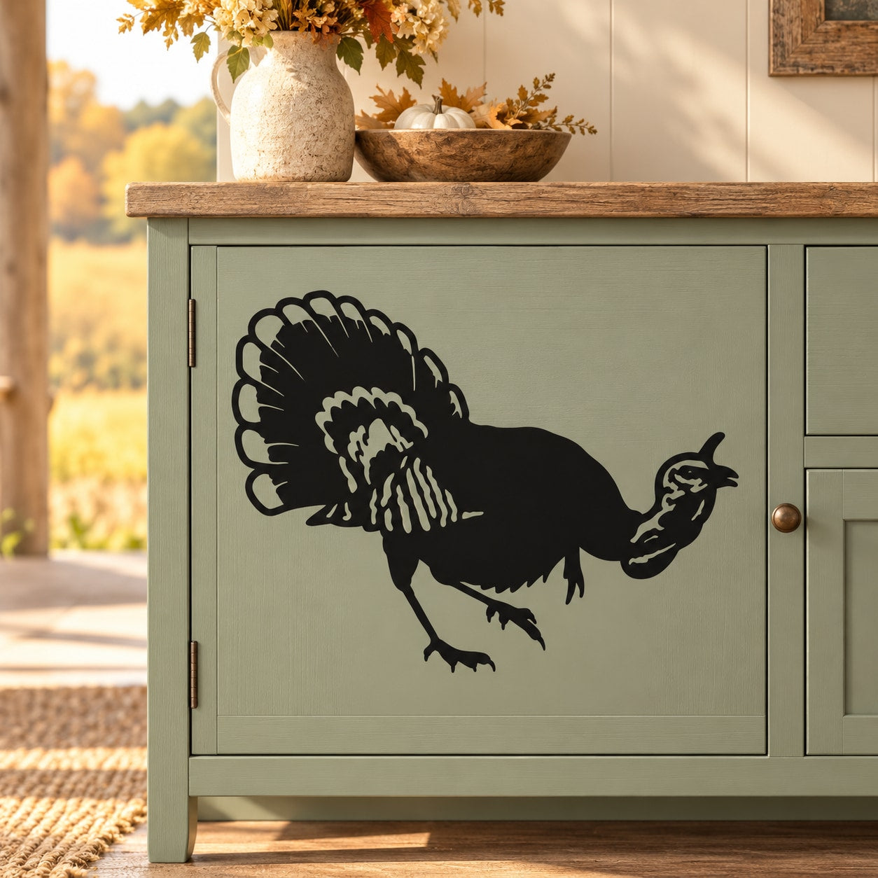 Turkey silhouette wall decal, dark outline with spread feathers on a cabinet door