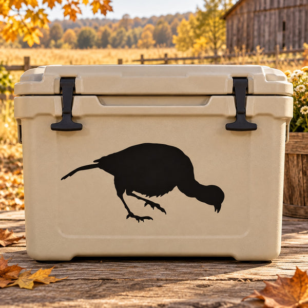 Black turkey hen silhouette decal on tan cooler front