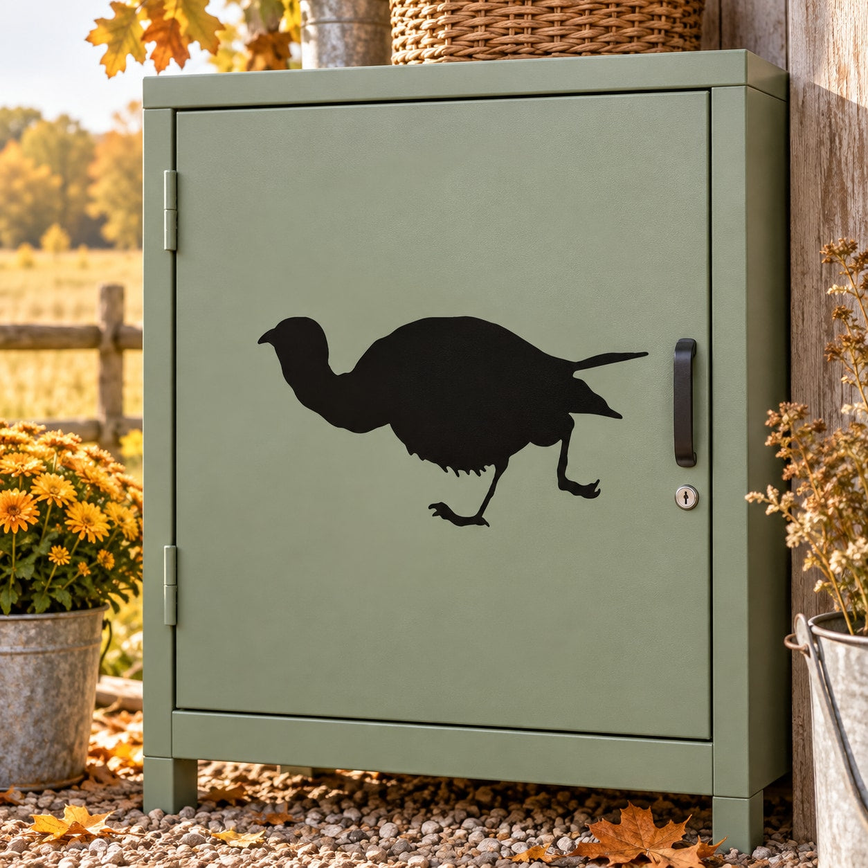 Sprinting turkey hen silhouette decal on green mailbox door