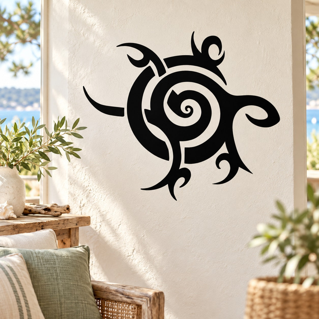 Black abstract turtle wall decal with swirl design