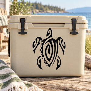 Black turtle graphic decal on light-colored cooler box