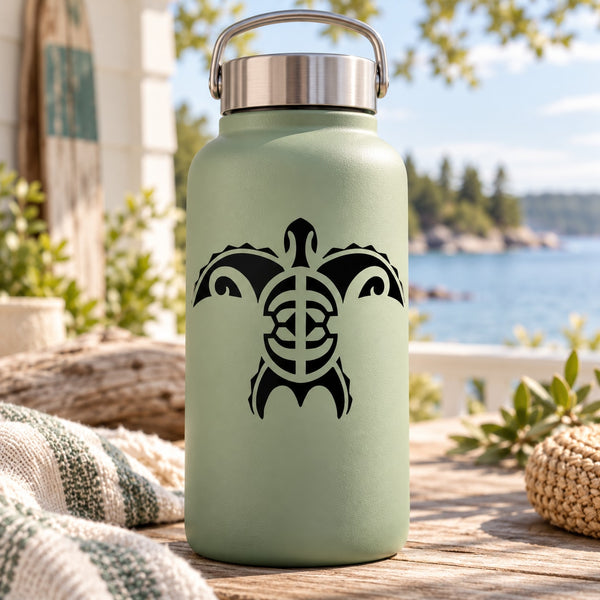 Sea turtle decal with bold black tribal-style outline on light green bottle