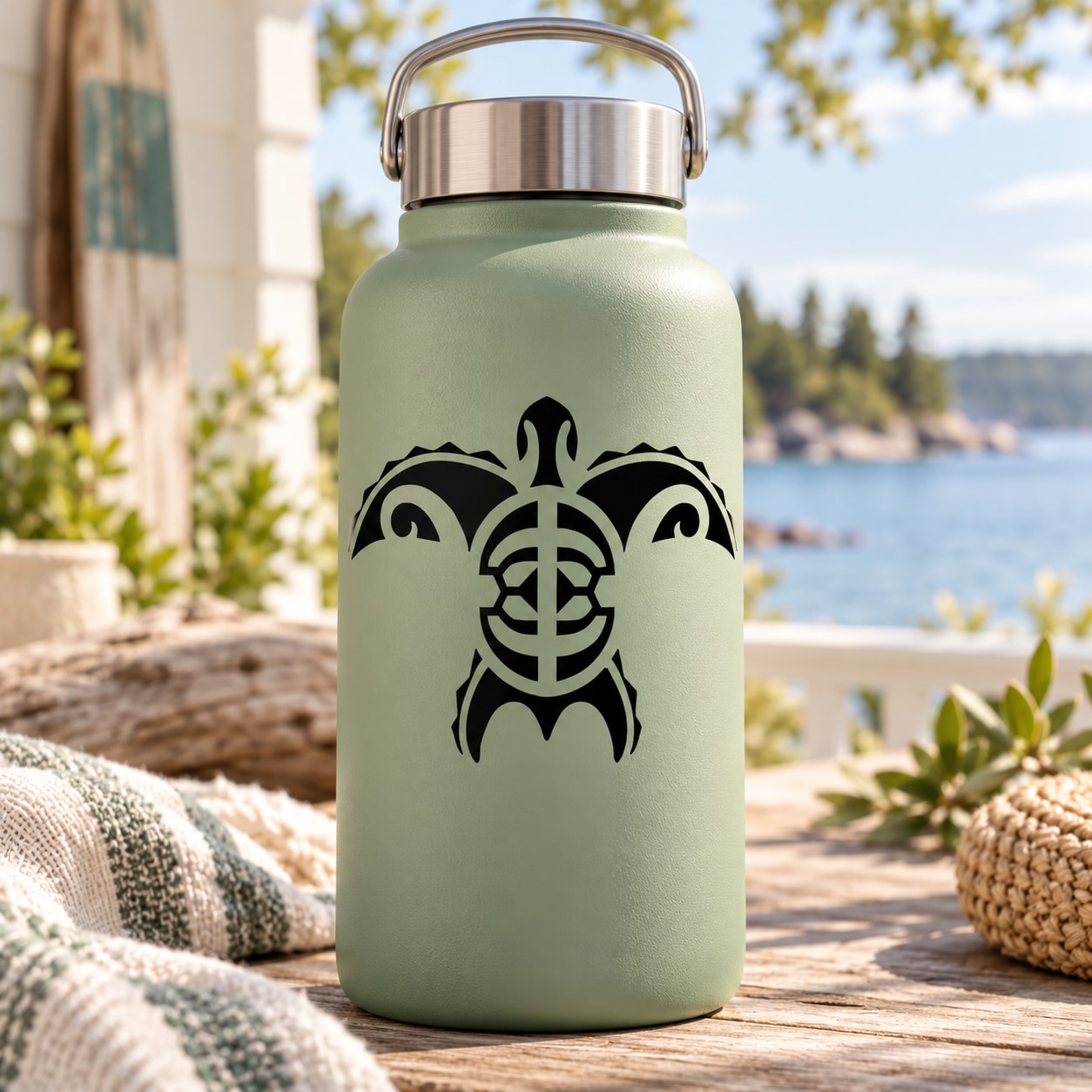 Sea turtle decal with bold black tribal-style outline on light green bottle