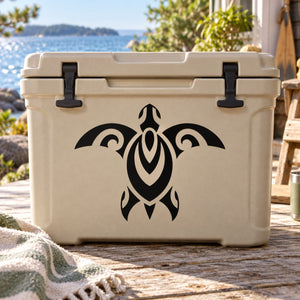 Black abstract symmetrical sea turtle decal on a light cooler front