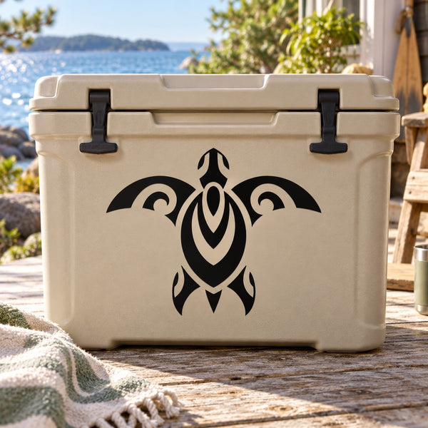 Black abstract symmetrical sea turtle decal on a light cooler front