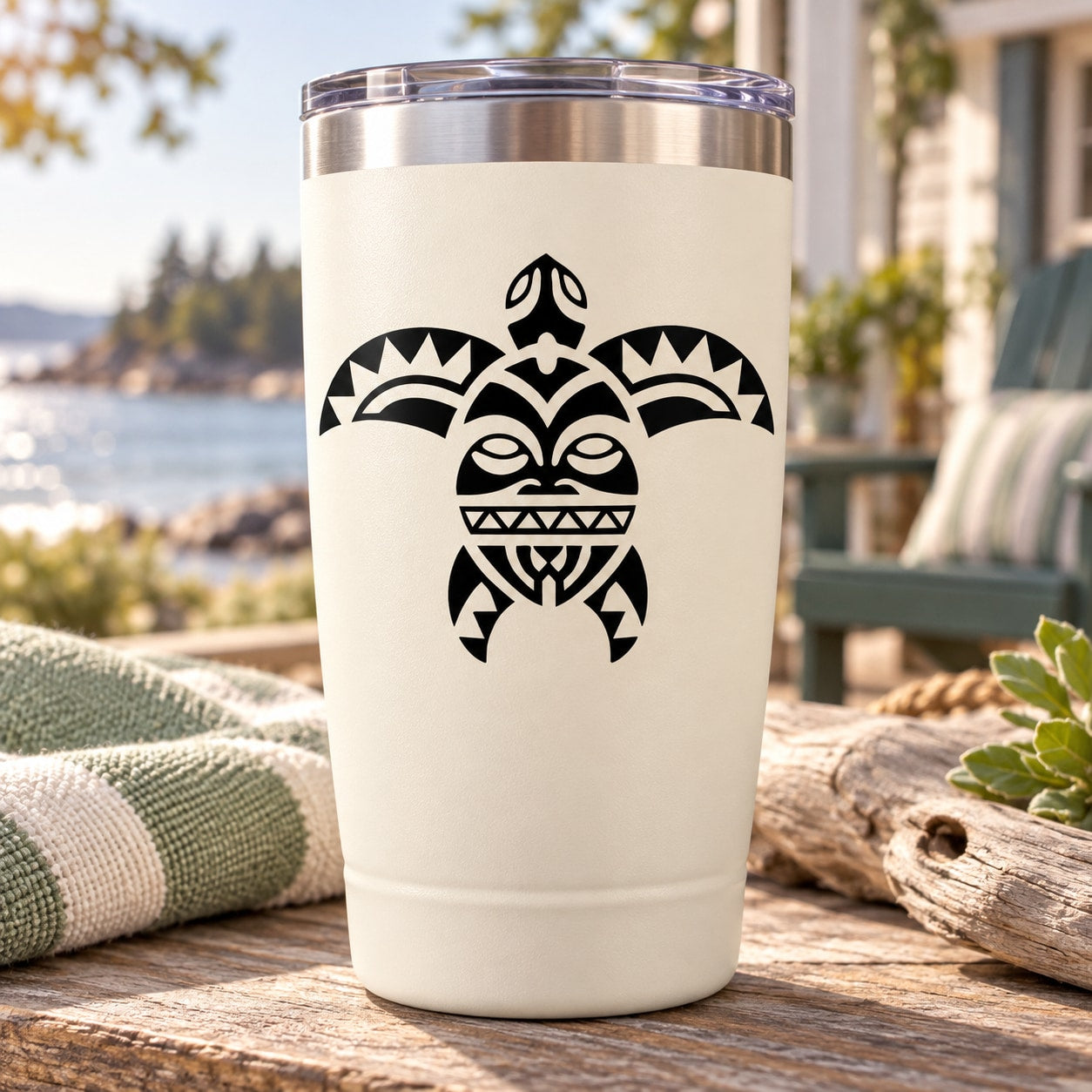 White insulated tumbler with black sea turtle decal and clear plastic lid