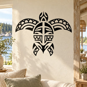 Black Alaskan-style sea turtle wall decal with bold tribal shell and flame accents