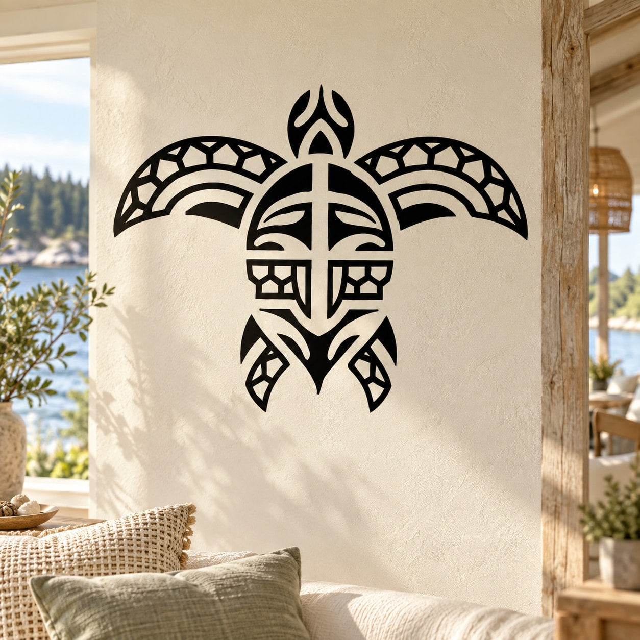 Black Alaskan-style sea turtle wall decal with bold tribal shell and flame accents