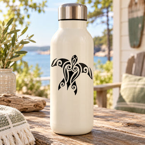 White water bottle with black swirl sea turtle decal