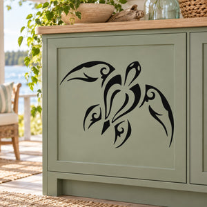 Abstract sea turtle decal, black turtle design on light cabinet panel
