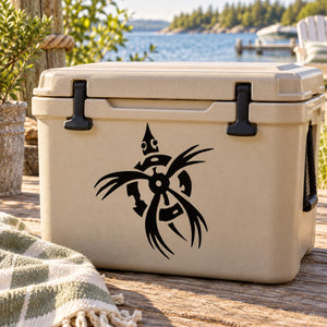 Sea turtle decal with tattered fin design, black graphic on cooler lid