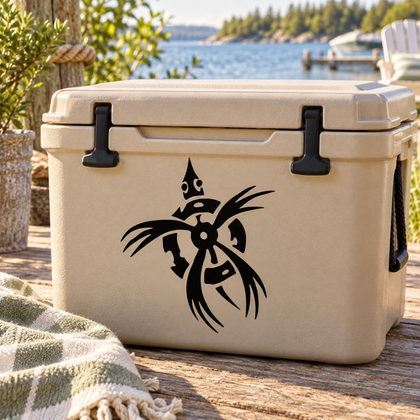 Sea turtle decal with tattered fin design, black graphic on cooler lid