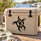 Sea turtle decal with tattered fin design, black graphic on cooler lid