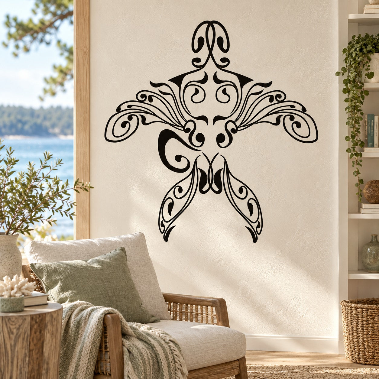 Ornate sea turtle wall decal, black filigree line art design