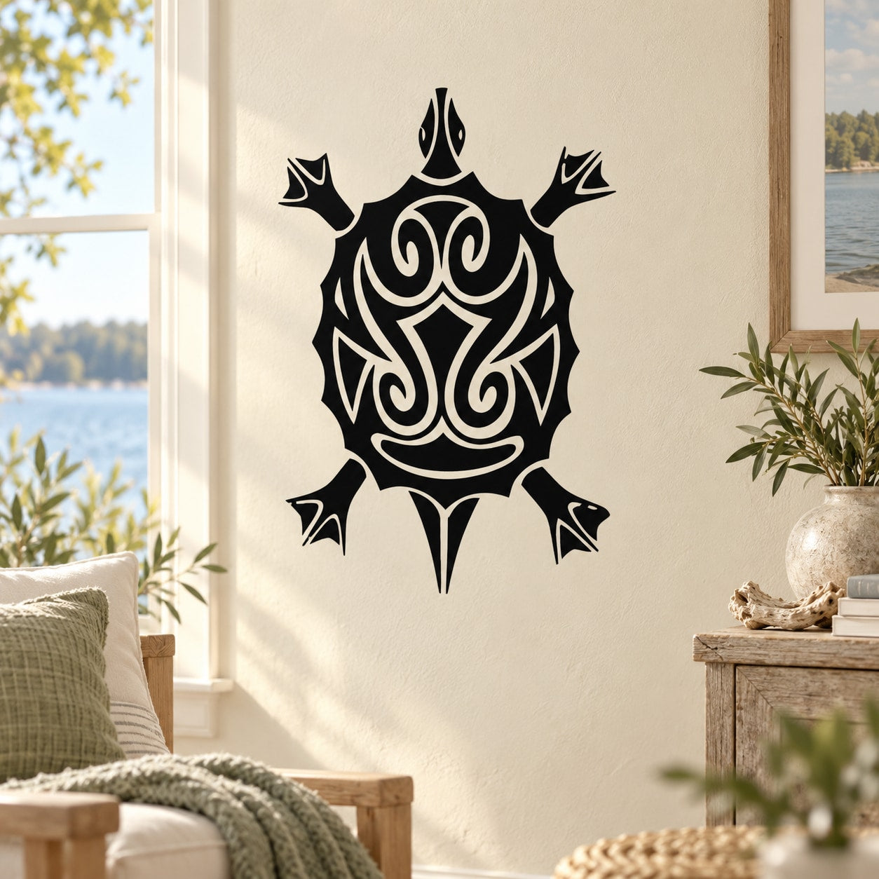 Black ornate turtle decal with swirly tribal line details