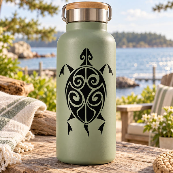 Olive green reusable water bottle with black turtle swirl decal and metal cap