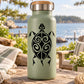 Olive green reusable water bottle with black turtle swirl decal and metal cap
